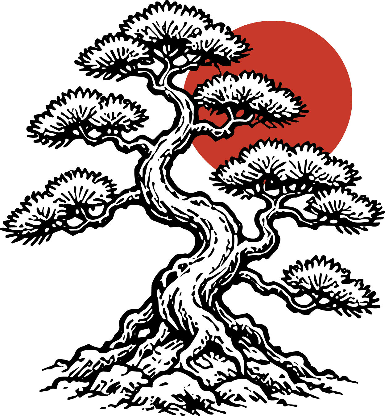 Bonsai Tree SVG Rising Sun Silhouette Vector - Image 1