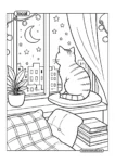 Cat At Window Cozy Nighttime Coloring Page
