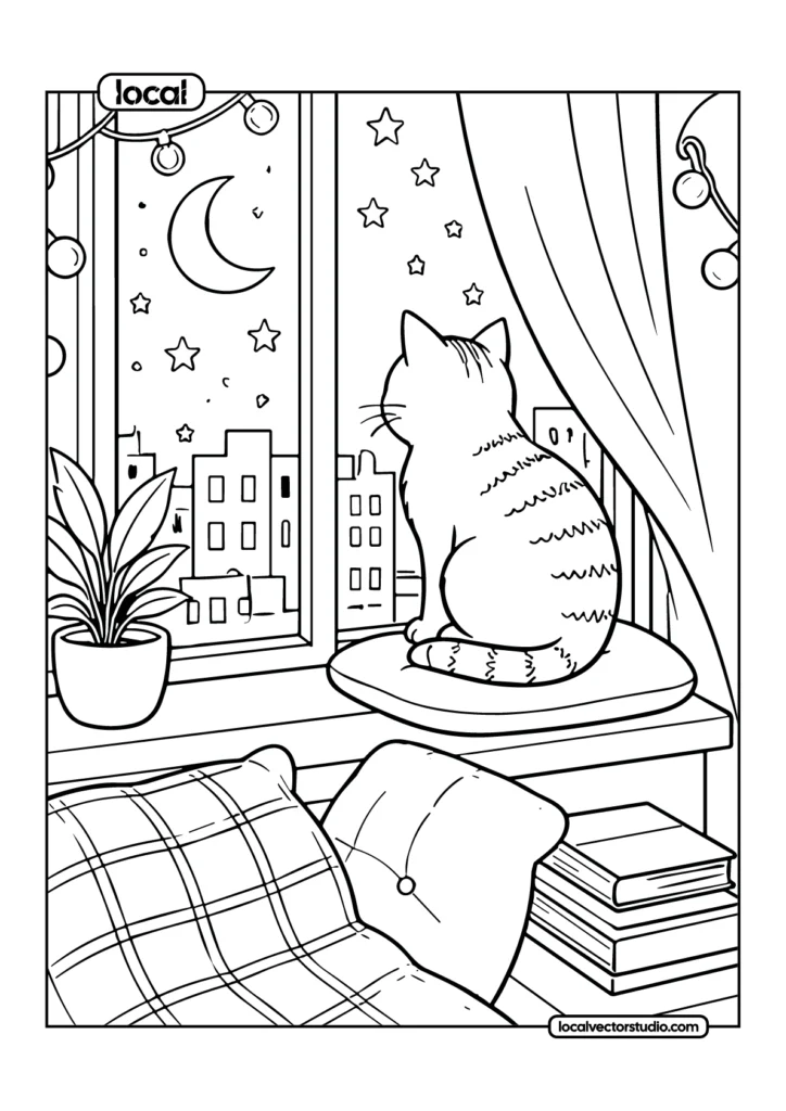 Cat At Window Cozy Nighttime Coloring Page