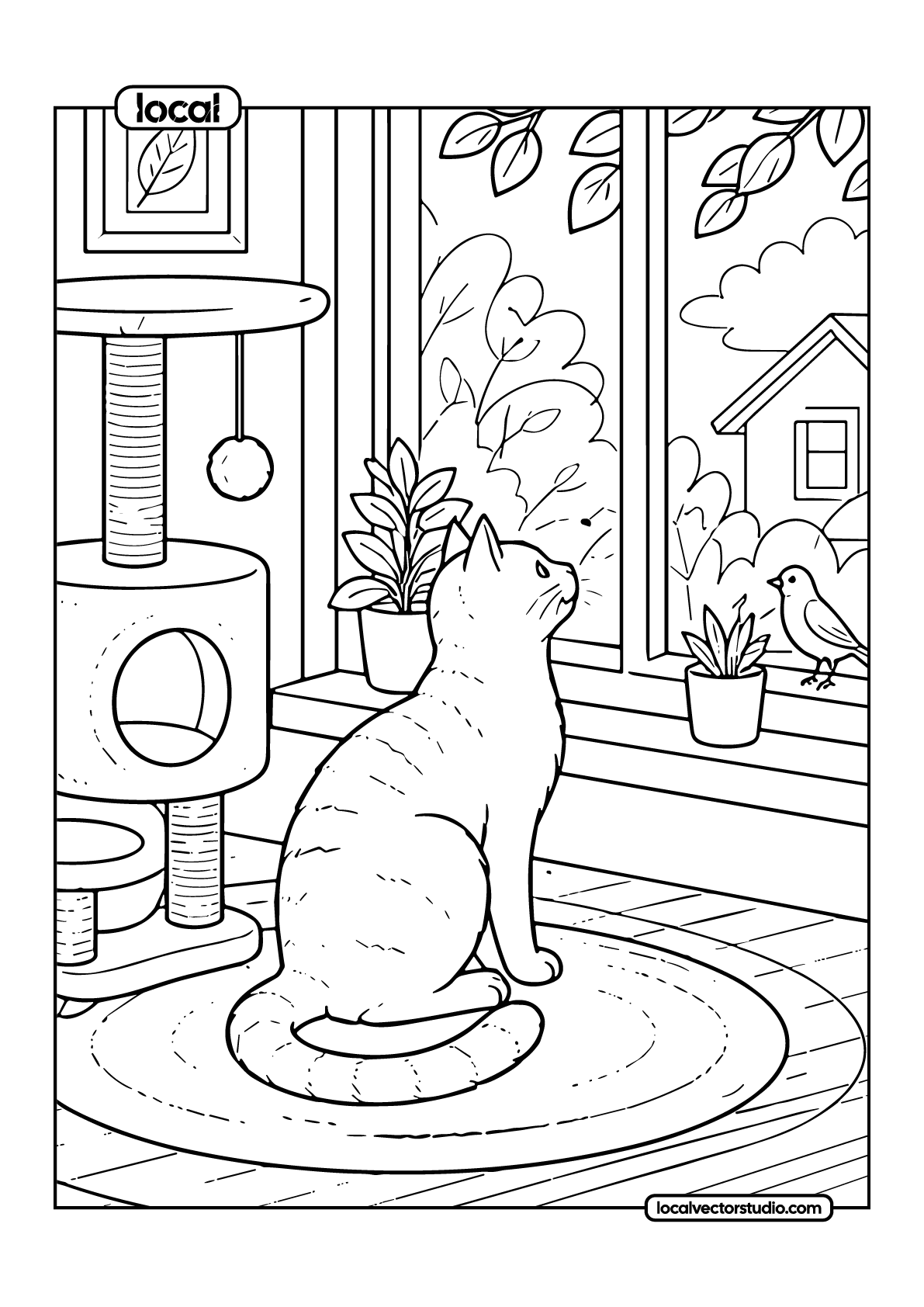 Cat By Window Cozy Home Coloring Page - Image 1