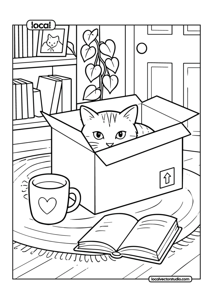 Cat In Box Cozy Living Room Coloring Page