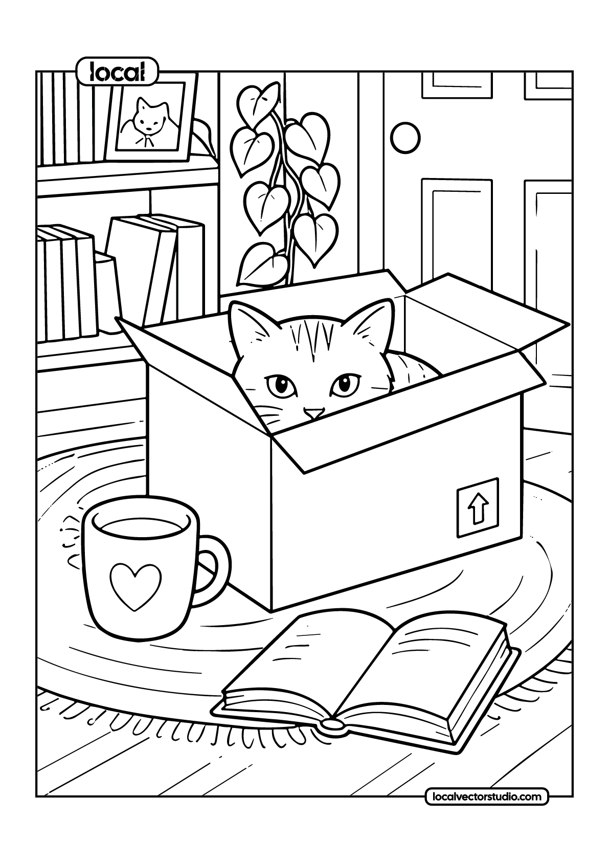 Cat In Box Cozy Living Room Coloring Page - Image 1
