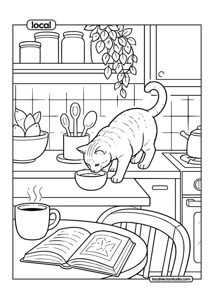 Cat In Kitchen Cozy Morning Coloring Page