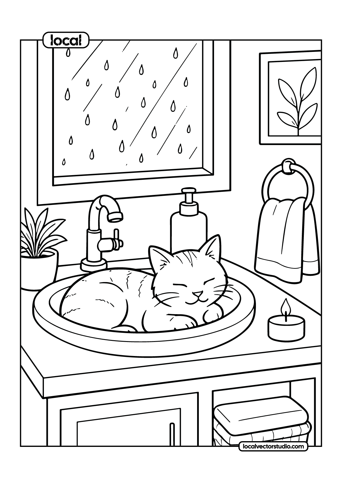 Cat In Sink Rainy Day Nap Coloring Page - Image 1