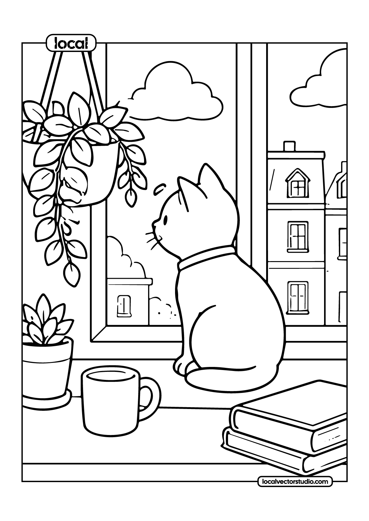 Cat In Window Cozy Windowsill Coloring Page - Image 1