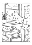 Cat On Windowsill Cozy City View Coloring Page