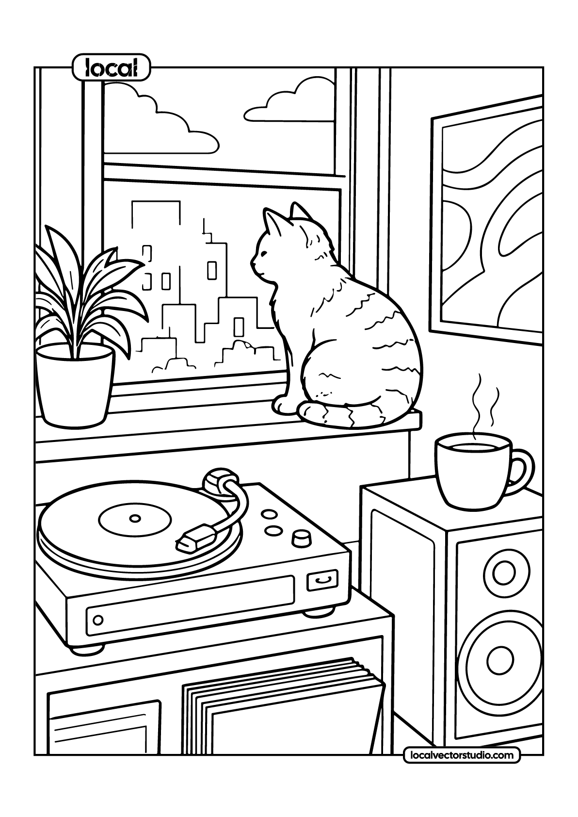 Cat On Windowsill Cozy City View Coloring Page - Image 1