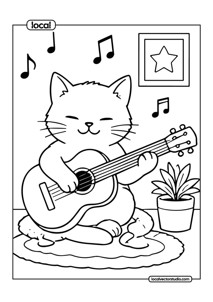 Cat Playing Guitar Musical Whimsy Coloring Page