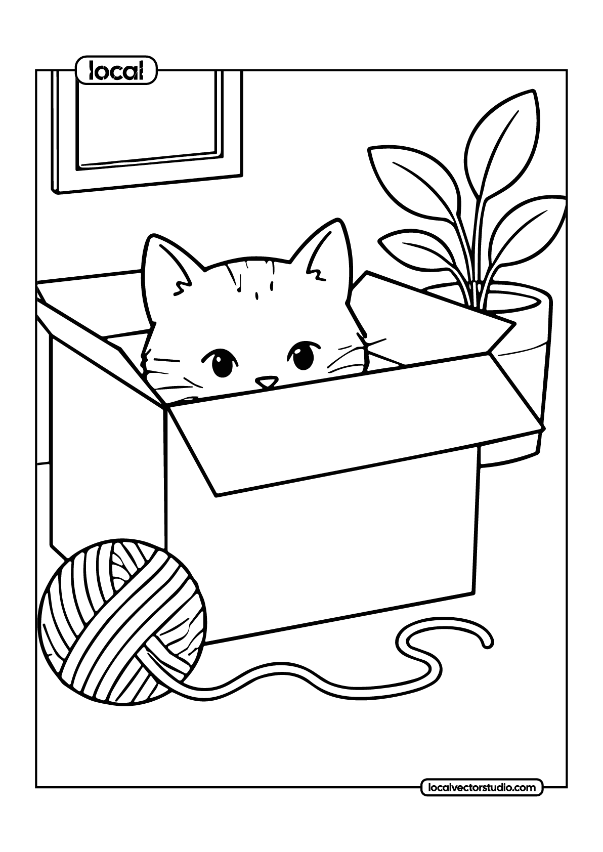 Kitten In Box Cozy Peek-a-Boo Coloring Page - Image 1