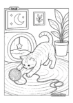 Kitten Playing Yarn Cozy Home Scene Coloring Page
