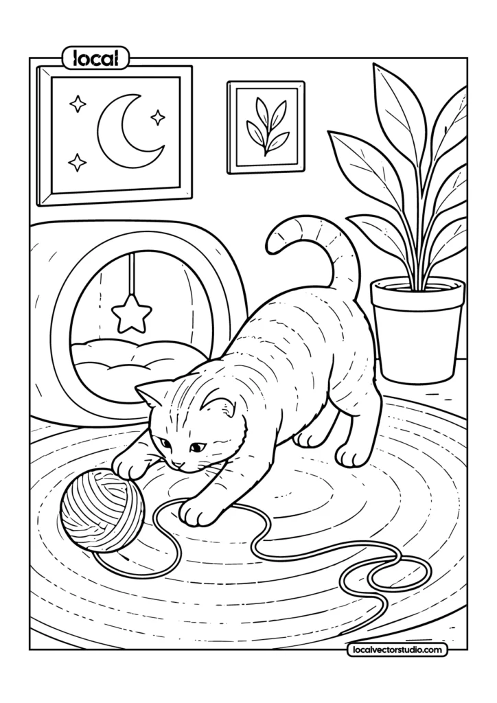 Kitten Playing Yarn Cozy Home Scene Coloring Page