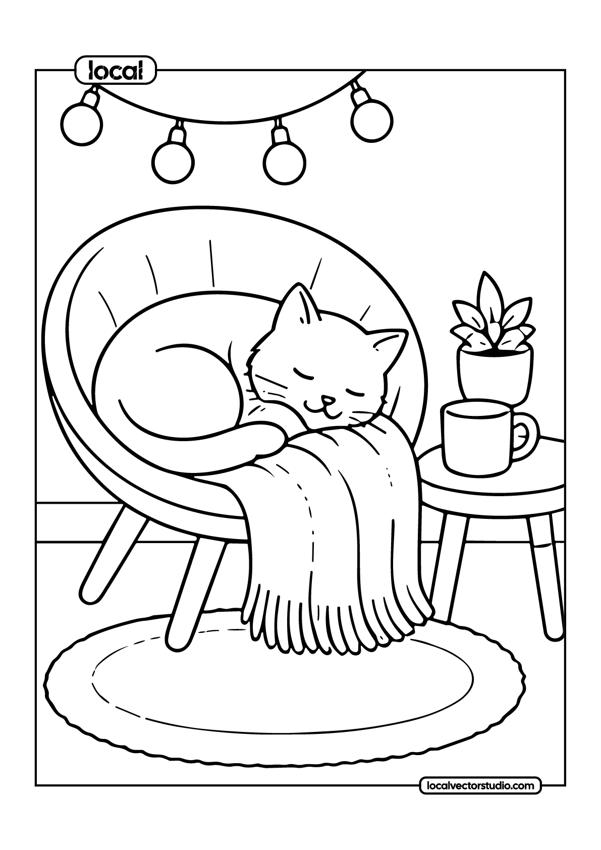 Sleeping Cat Chair Cozy Nap Coloring Page - Image 1