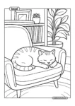 Sleeping Cat Cozy Living Room Coloring Page