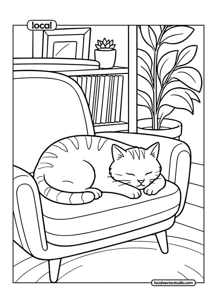 Sleeping Cat Cozy Living Room Coloring Page
