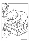 Sleeping Cat On Books Cozy Reading Nook Coloring Page