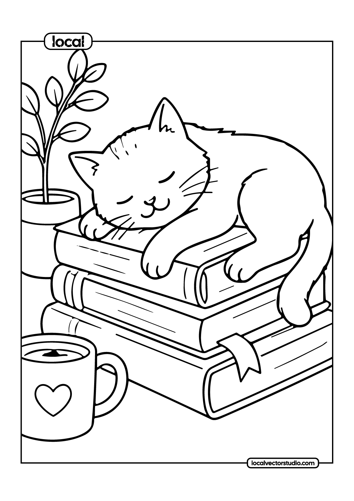 Sleeping Cat On Books Cozy Reading Nook Coloring Page - Image 1