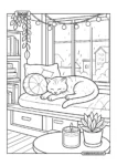 Sleeping Cat Window Cozy Rainy Day Coloring Page