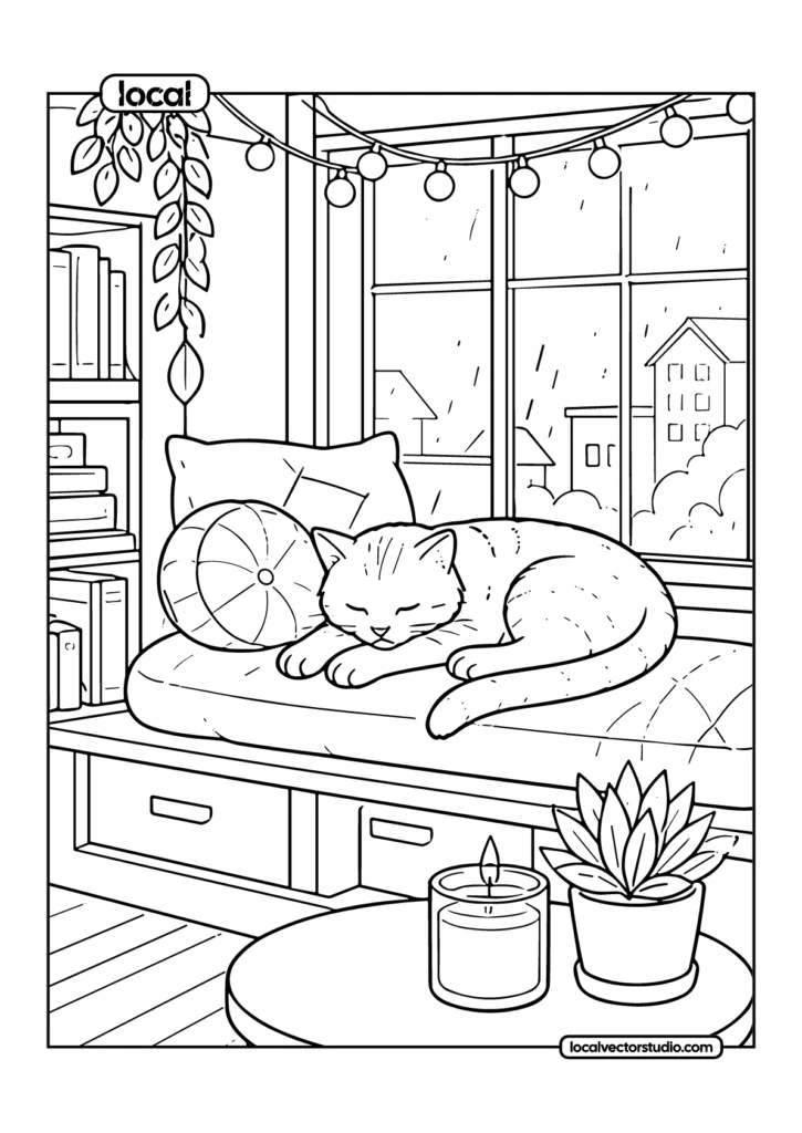 Sleeping Cat Window Cozy Rainy Day Coloring Page