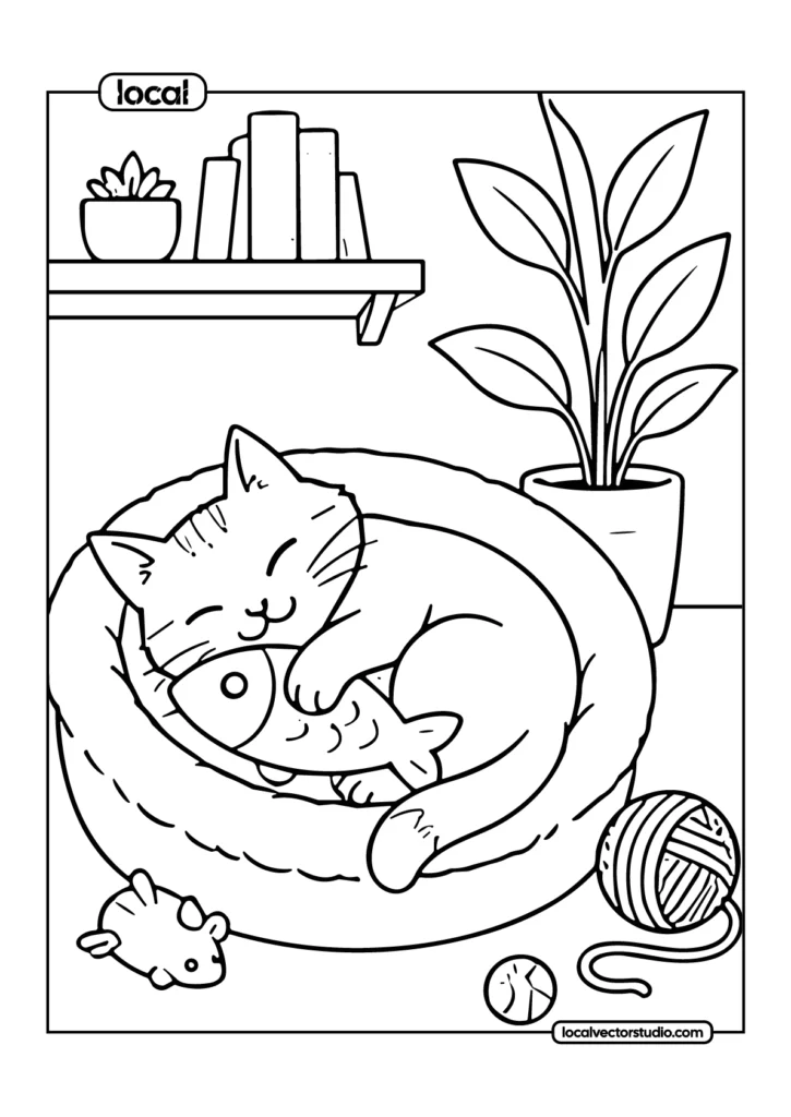 Sleeping Cat With Fish Cozy Nap Coloring Page
